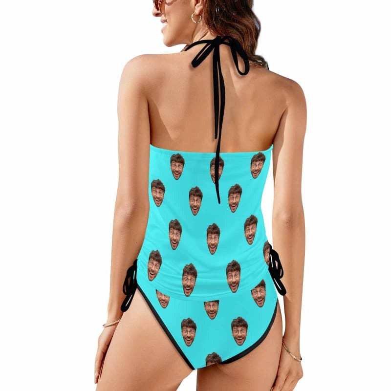 Custom Boyfriend Face All Womens Sexy Halter Tummy Control Swimsuit Tankini Top Sets Fashion Two Piece Bathing Suit with Tie Side - YesCustom