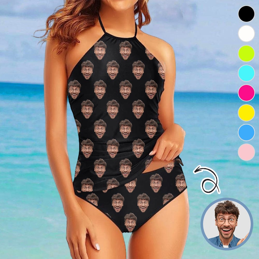 Custom Boyfriend Face All Womens Sexy Halter Tummy Control Swimsuit Tankini Top Sets Fashion Two Piece Bathing Suit with Tie Side - YesCustom
