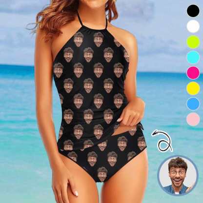 Custom Boyfriend Face All Womens Sexy Halter Tummy Control Swimsuit Tankini Top Sets Fashion Two Piece Bathing Suit with Tie Side - YesCustom