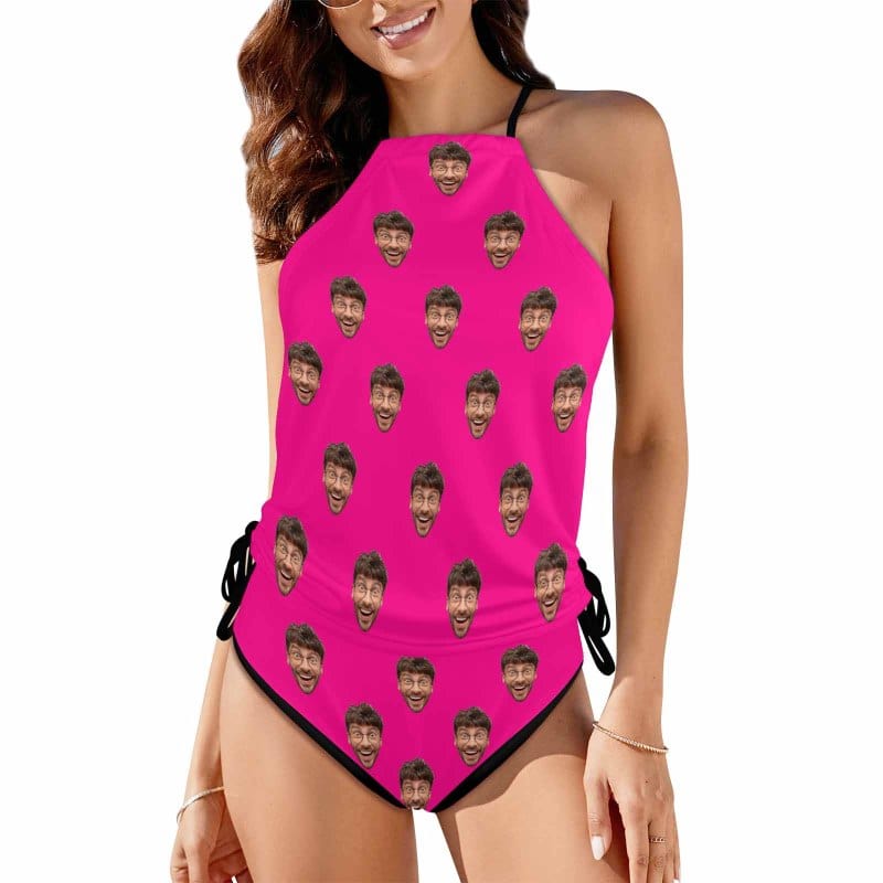 Custom Boyfriend Face All Womens Sexy Halter Tummy Control Swimsuit Tankini Top Sets Fashion Two Piece Bathing Suit with Tie Side - YesCustom