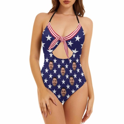 Custom Boyfriend Face American Flag Swimsuit Personalized Bow One Piece Bathing Suit - YesCustom