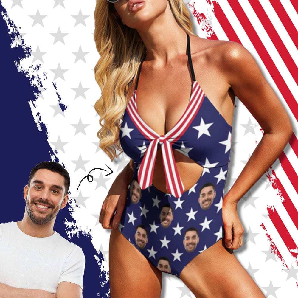 Custom Boyfriend Face American Flag Swimsuit Personalized Bow One Piece Bathing Suit - YesCustom