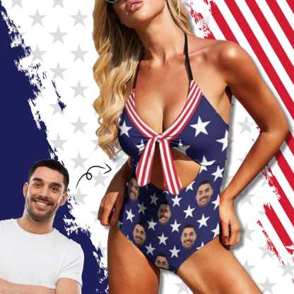 Custom Boyfriend Face American Flag Swimsuit Personalized Bow One Piece Bathing Suit - YesCustom