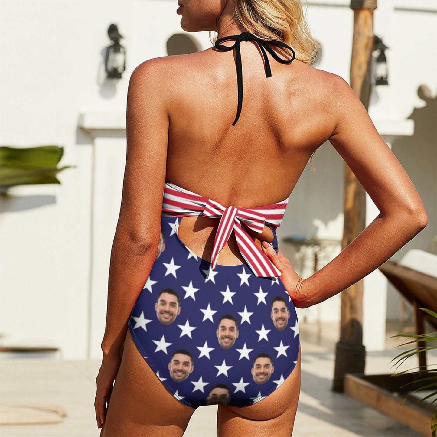 Custom Boyfriend Face American Flag Swimsuit Personalized Bow One Piece Bathing Suit - YesCustom