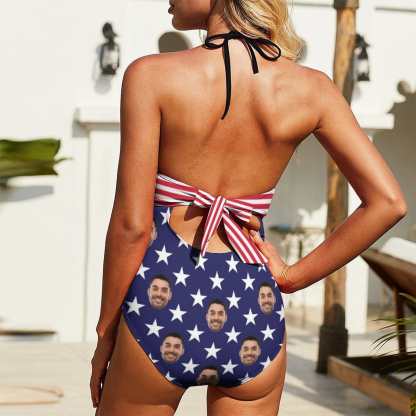 Custom Boyfriend Face American Flag Swimsuit Personalized Bow One Piece Bathing Suit - YesCustom