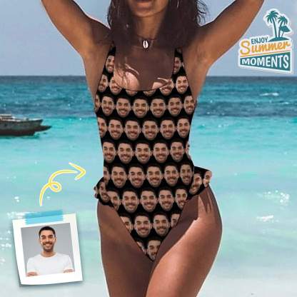 Custom Boyfriend Face Black Swimsuit Personalized Women's Ruffle One Piece Bathing Suit Honeymoons Party Swimsuits - YesCustom