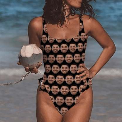Custom Boyfriend Face Black Swimsuit Personalized Women's Ruffle One Piece Bathing Suit Honeymoons Party Swimsuits - YesCustom