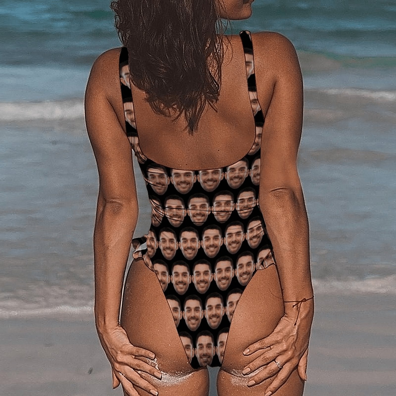 Custom Boyfriend Face Black Swimsuit Personalized Women's Ruffle One Piece Bathing Suit Honeymoons Party Swimsuits - YesCustom