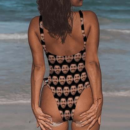 Custom Boyfriend Face Black Swimsuit Personalized Women's Ruffle One Piece Bathing Suit Honeymoons Party Swimsuits - YesCustom