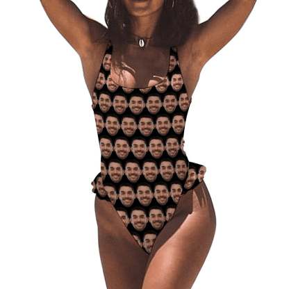 Custom Boyfriend Face Black Swimsuit Personalized Women's Ruffle One Piece Bathing Suit Honeymoons Party Swimsuits - YesCustom