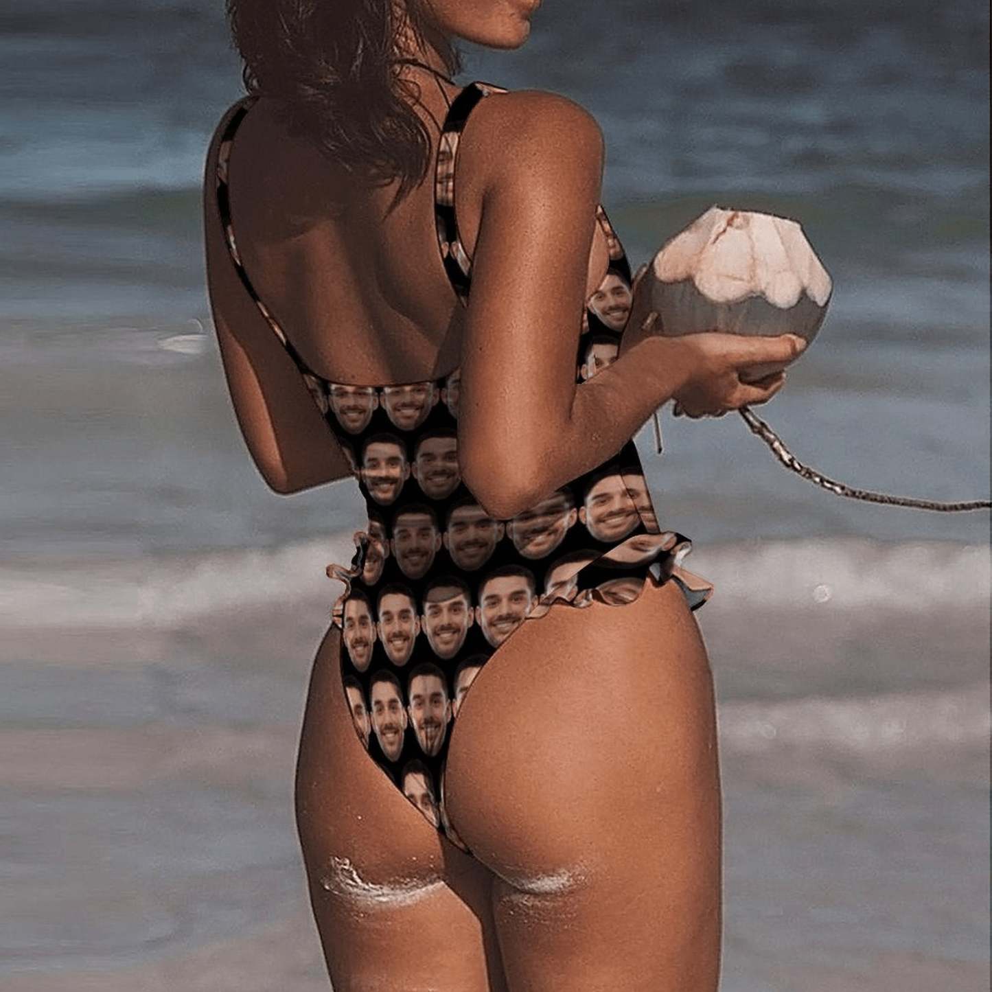 Custom Boyfriend Face Black Swimsuit Personalized Women's Ruffle One Piece Bathing Suit Honeymoons Party Swimsuits - YesCustom