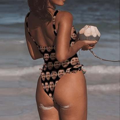 Custom Boyfriend Face Black Swimsuit Personalized Women's Ruffle One Piece Bathing Suit Honeymoons Party Swimsuits - YesCustom