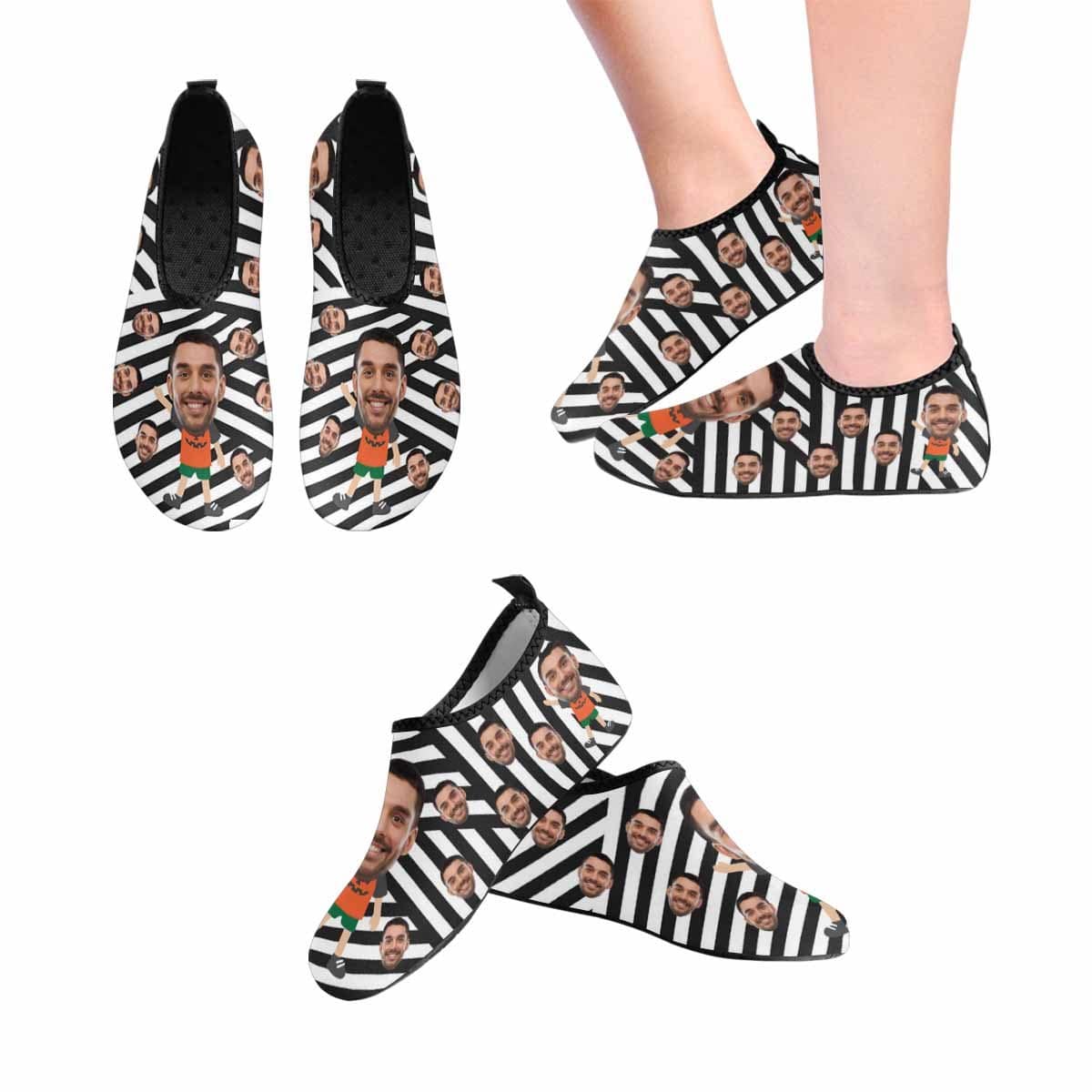 Custom Boyfriend Face Black White Slip-on for sport Quick-Dry Stripes Women's Barefoot Aqua Shoes - YesCustom