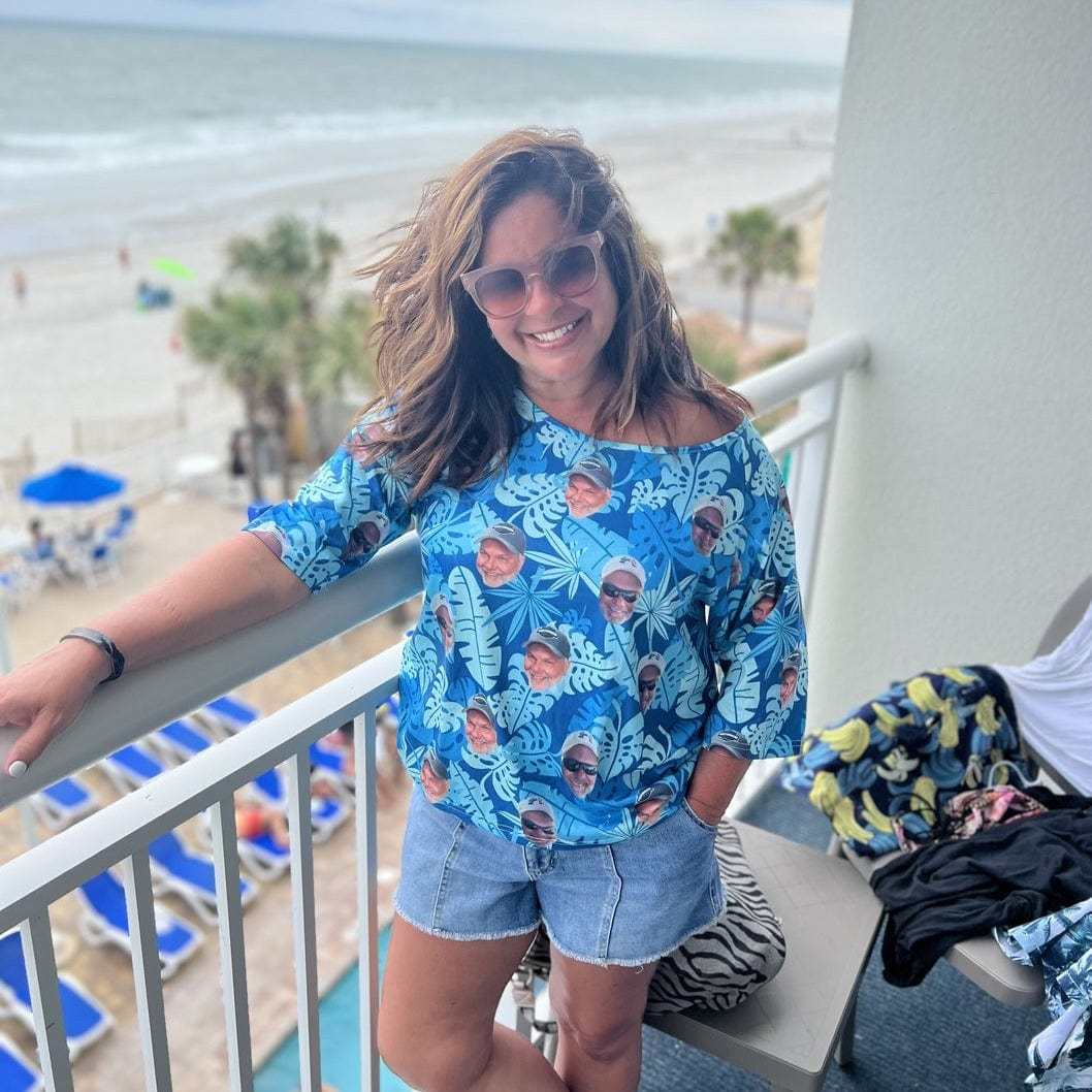 Custom Boyfriend Face Blue Leaf Slouchy Shirt Loose Fit Tee Personalized One Side Off Shoulder Women's Mid Sleeve Straight Neck T-shirt - YesCustom