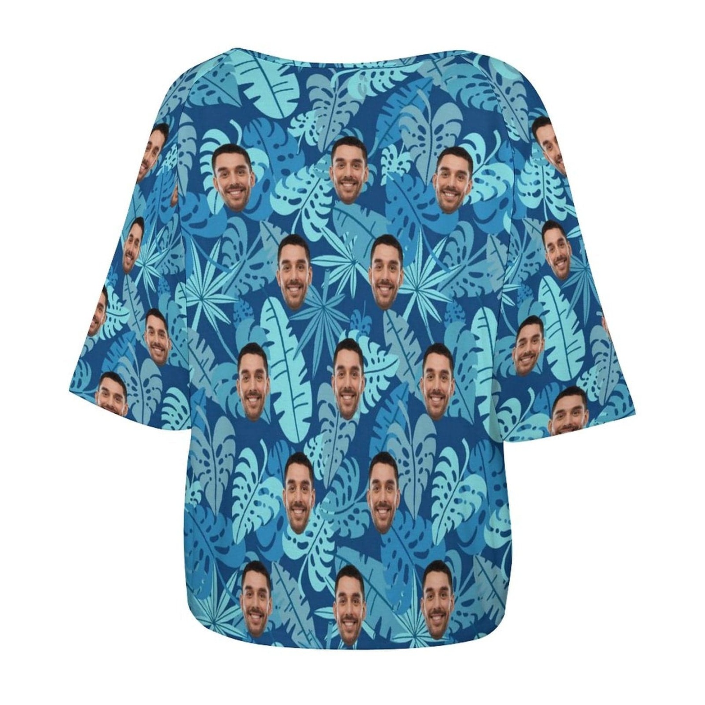 Custom Boyfriend Face Blue Leaf Slouchy Shirt Loose Fit Tee Personalized One Side Off Shoulder Women's Mid Sleeve Straight Neck T-shirt - YesCustom