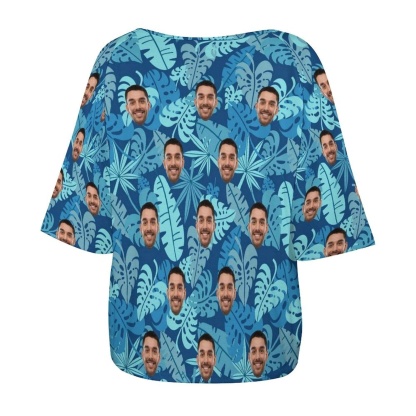 Custom Boyfriend Face Blue Leaf Slouchy Shirt Loose Fit Tee Personalized One Side Off Shoulder Women's Mid Sleeve Straight Neck T-shirt - YesCustom