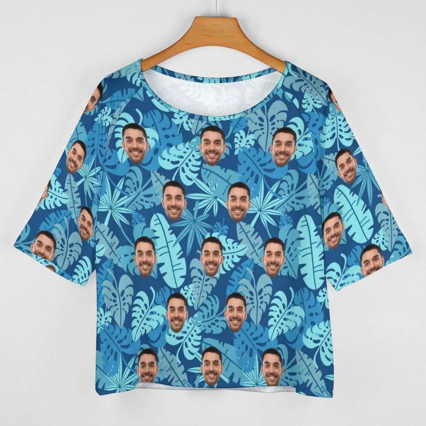 Custom Boyfriend Face Blue Leaf Slouchy Shirt Loose Fit Tee Personalized One Side Off Shoulder Women's Mid Sleeve Straight Neck T-shirt - YesCustom