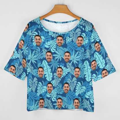 Custom Boyfriend Face Blue Leaf Slouchy Shirt Loose Fit Tee Personalized One Side Off Shoulder Women's Mid Sleeve Straight Neck T-shirt - YesCustom