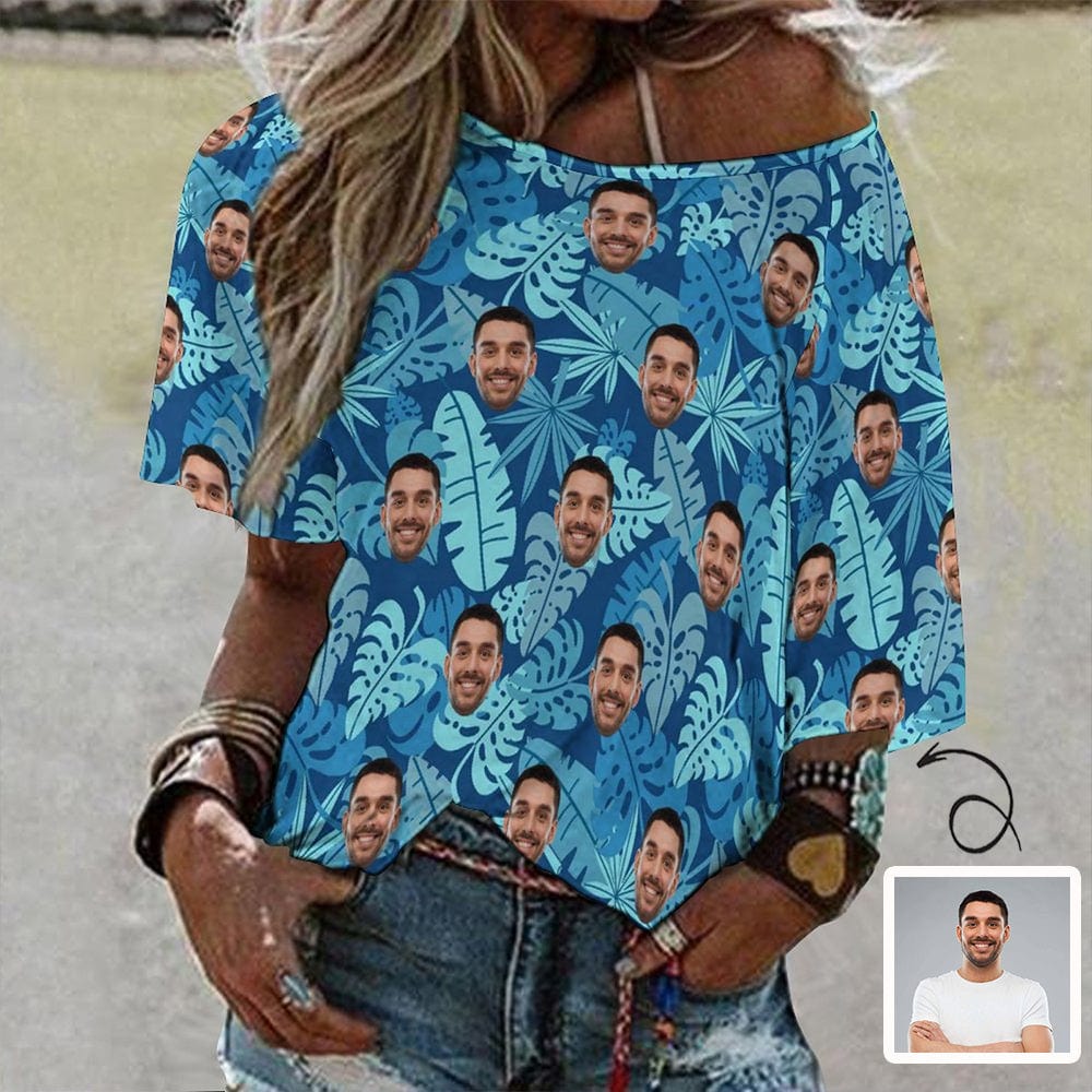 Custom Boyfriend Face Blue Leaf Slouchy Shirt Loose Fit Tee Personalized One Side Off Shoulder Women's Mid Sleeve Straight Neck T-shirt - YesCustom