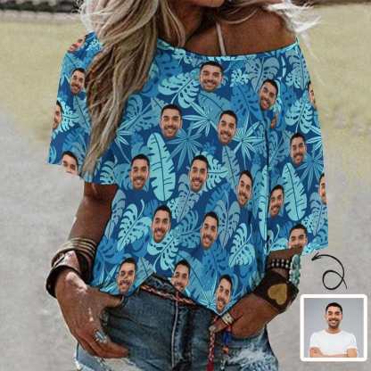 Custom Boyfriend Face Blue Leaf Slouchy Shirt Loose Fit Tee Personalized One Side Off Shoulder Women's Mid Sleeve Straight Neck T-shirt - YesCustom
