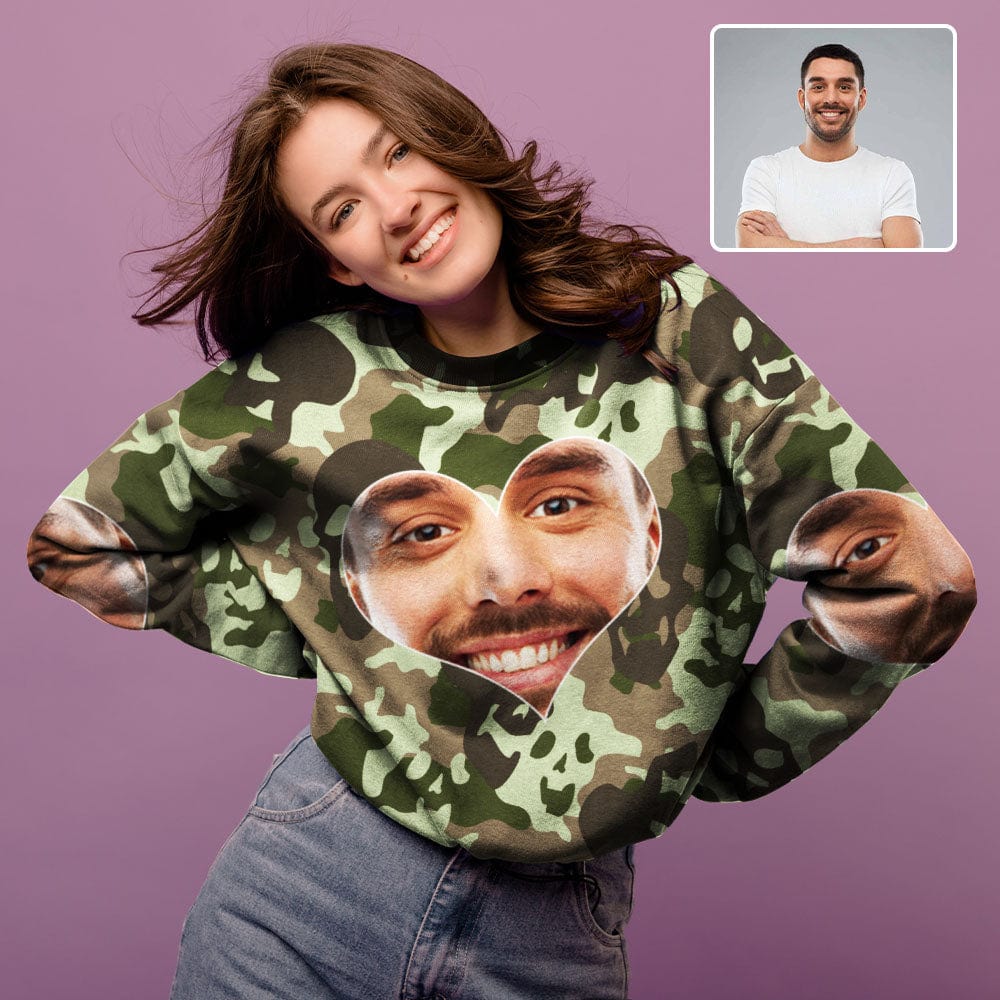 Custom Boyfriend Face Camouflage Women's Casual Crewneck Sweatshirt Personalized Long Sleeve Loose Sweatshirt - YesCustom