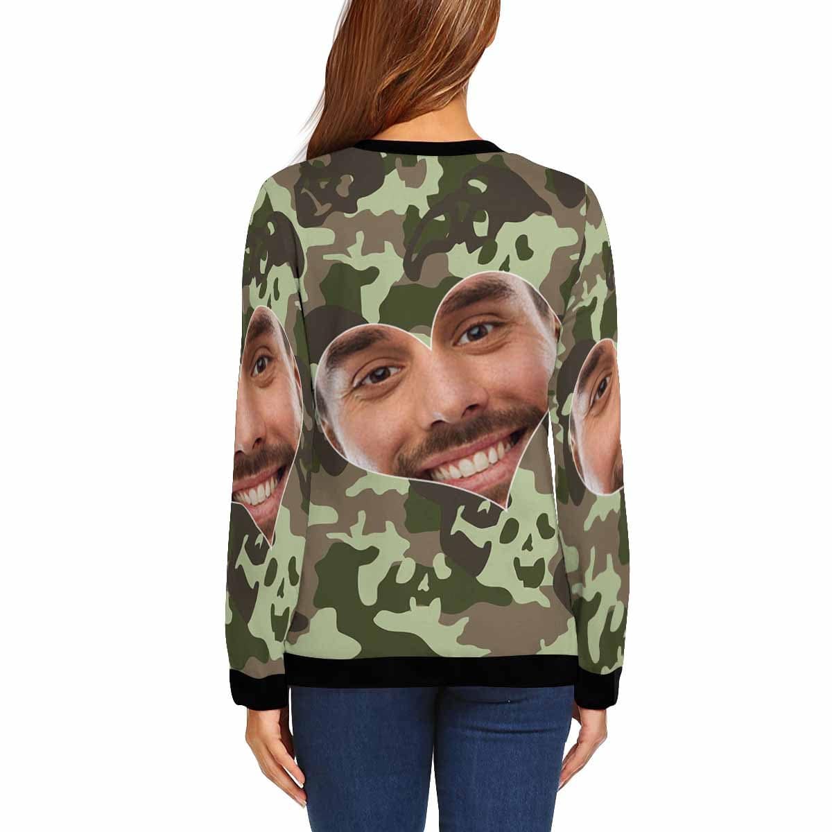 Custom Boyfriend Face Camouflage Women's Casual Crewneck Sweatshirt Personalized Long Sleeve Loose Sweatshirt - YesCustom