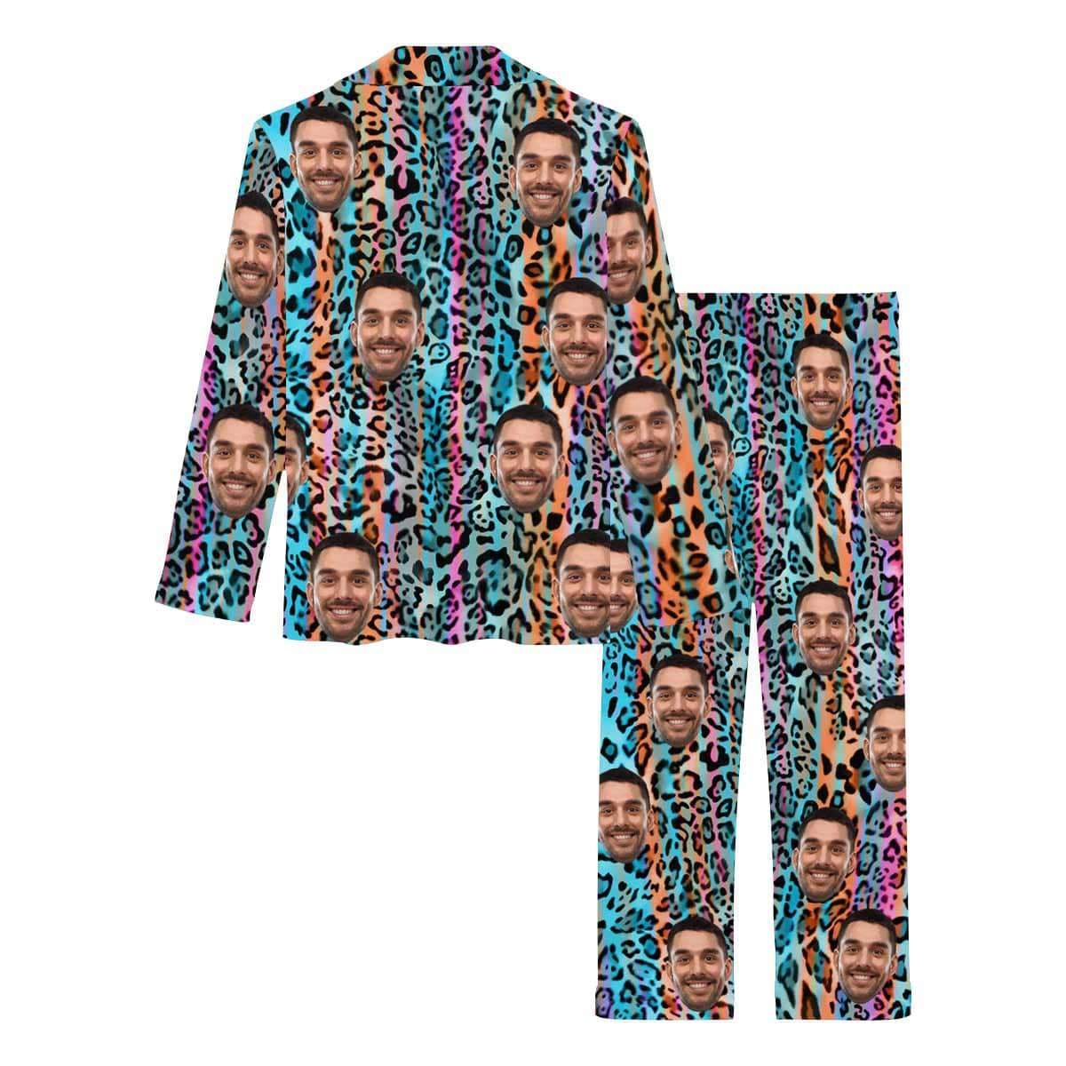 Custom Boyfriend Face Color Leopard Sleepwear Personalized Women's Slumber Party Long Pajama Set - YesCustom