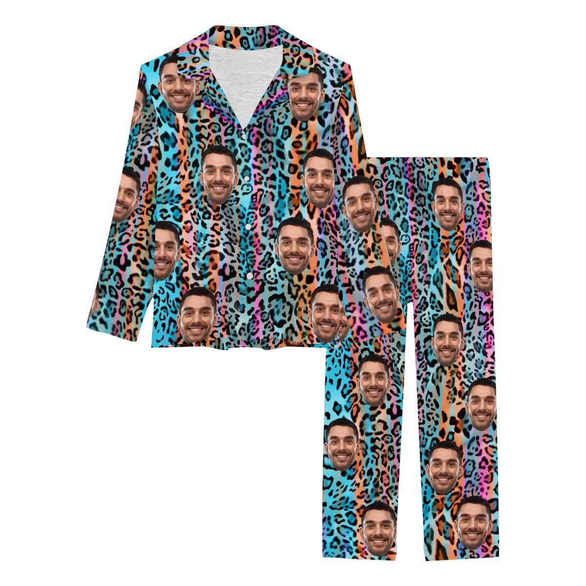 Custom Boyfriend Face Color Leopard Sleepwear Personalized Women's Slumber Party Long Pajama Set - YesCustom
