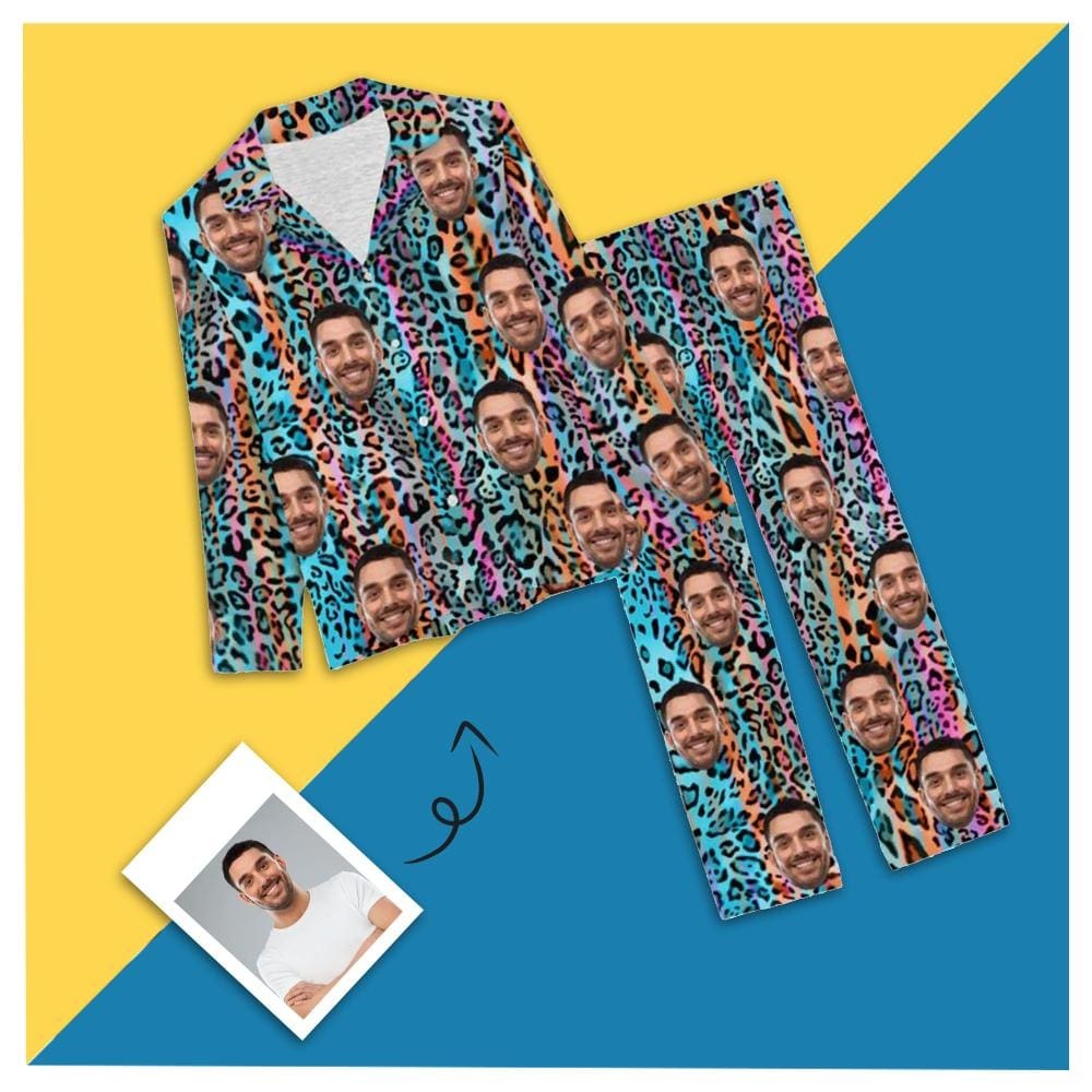 Custom Boyfriend Face Color Leopard Sleepwear Personalized Women's Slumber Party Long Pajama Set - YesCustom