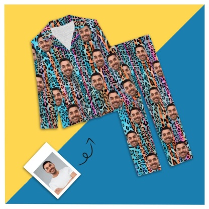 Custom Boyfriend Face Color Leopard Sleepwear Personalized Women's Slumber Party Long Pajama Set - YesCustom