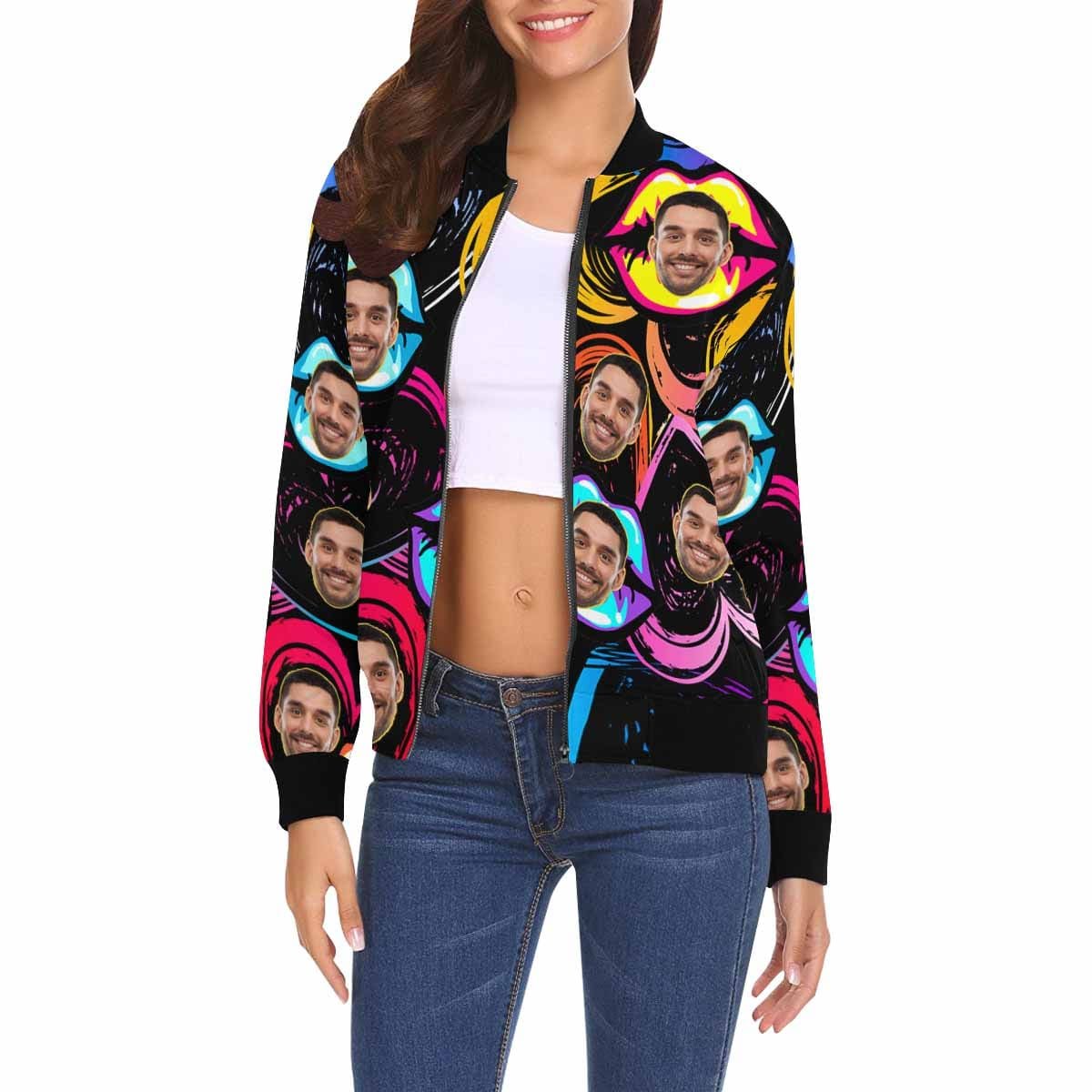 Custom Boyfriend Face Colorful Lips Women's Jacket - YesCustom