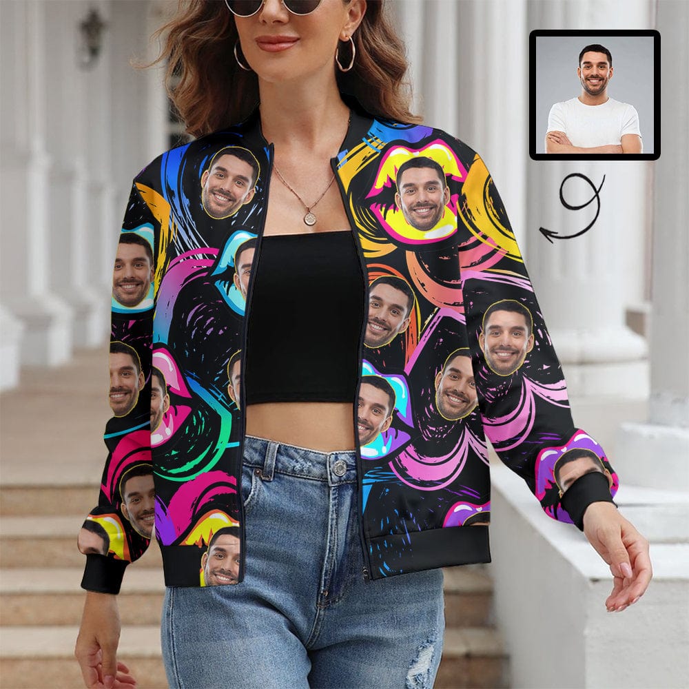 Custom Boyfriend Face Colorful Lips Women's Jacket - YesCustom