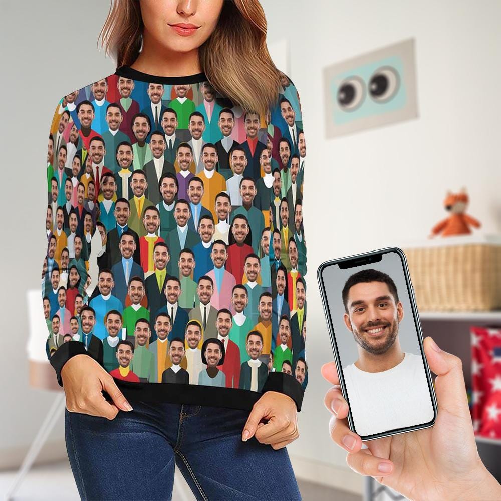 Custom Boyfriend Face Crowd Women's Casual Crew Neck Sweatshirt Personalized Long Sleeve Loose Sweatshirt, Best Gift For Her - YesCustom