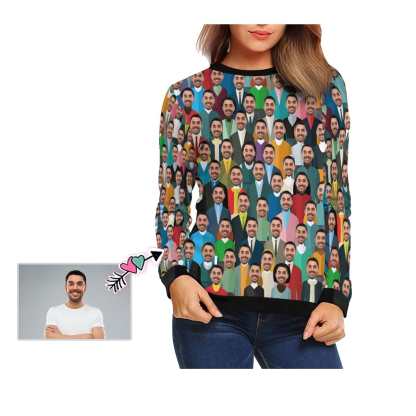 Custom Boyfriend Face Crowd Women's Casual Crew Neck Sweatshirt Personalized Long Sleeve Loose Sweatshirt, Best Gift For Her - YesCustom