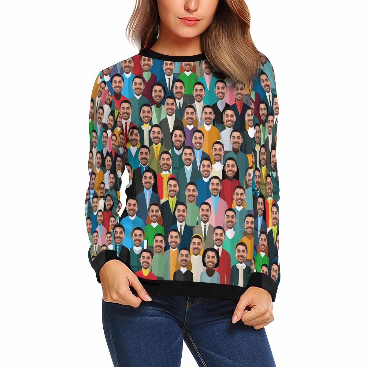 Custom Boyfriend Face Crowd Women's Casual Crew Neck Sweatshirt Personalized Long Sleeve Loose Sweatshirt, Best Gift For Her - YesCustom