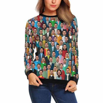 Custom Boyfriend Face Crowd Women's Casual Crew Neck Sweatshirt Personalized Long Sleeve Loose Sweatshirt, Best Gift For Her - YesCustom