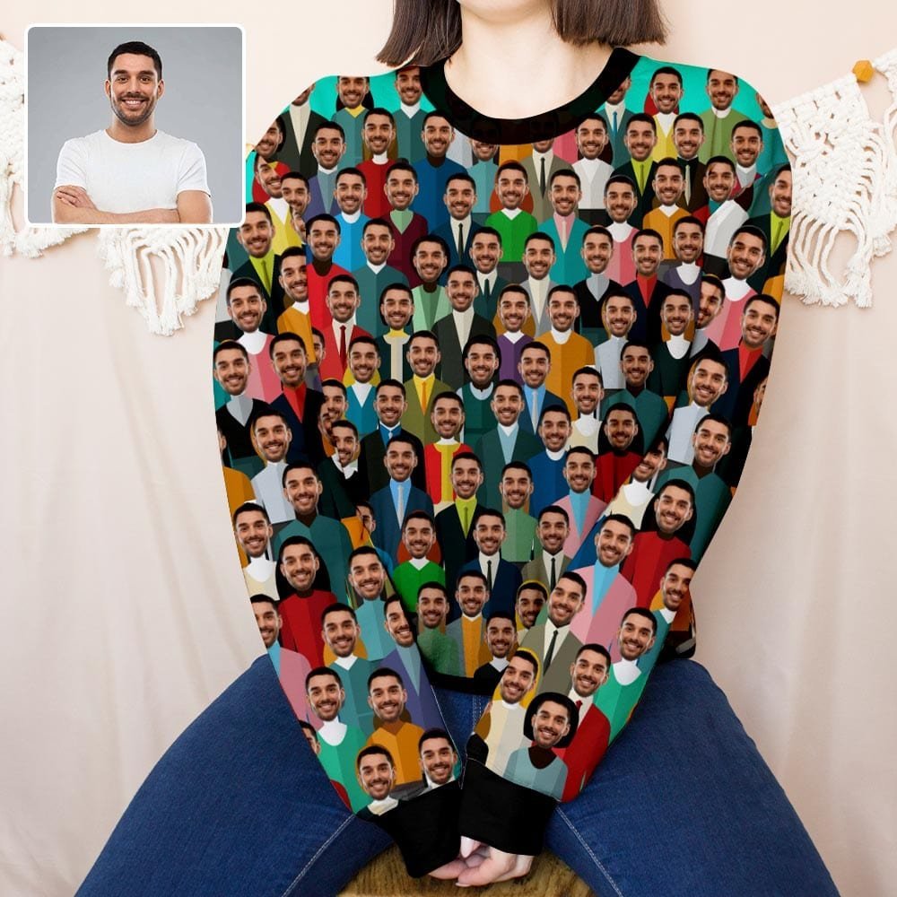 Custom Boyfriend Face Crowd Women's Casual Crew Neck Sweatshirt Personalized Long Sleeve Loose Sweatshirt, Best Gift For Her - YesCustom