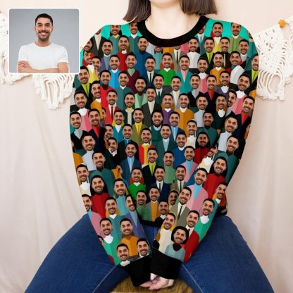 Custom Boyfriend Face Crowd Women's Casual Crew Neck Sweatshirt Personalized Long Sleeve Loose Sweatshirt, Best Gift For Her - YesCustom
