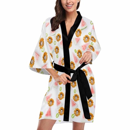 Custom Boyfriend Face Daisy Women's Summer Short Nightwear Personalized Photo Pajamas Kimono Robe - YesCustom
