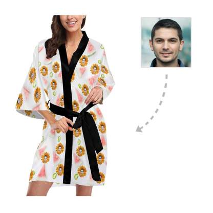 Custom Boyfriend Face Daisy Women's Summer Short Nightwear Personalized Photo Pajamas Kimono Robe - YesCustom