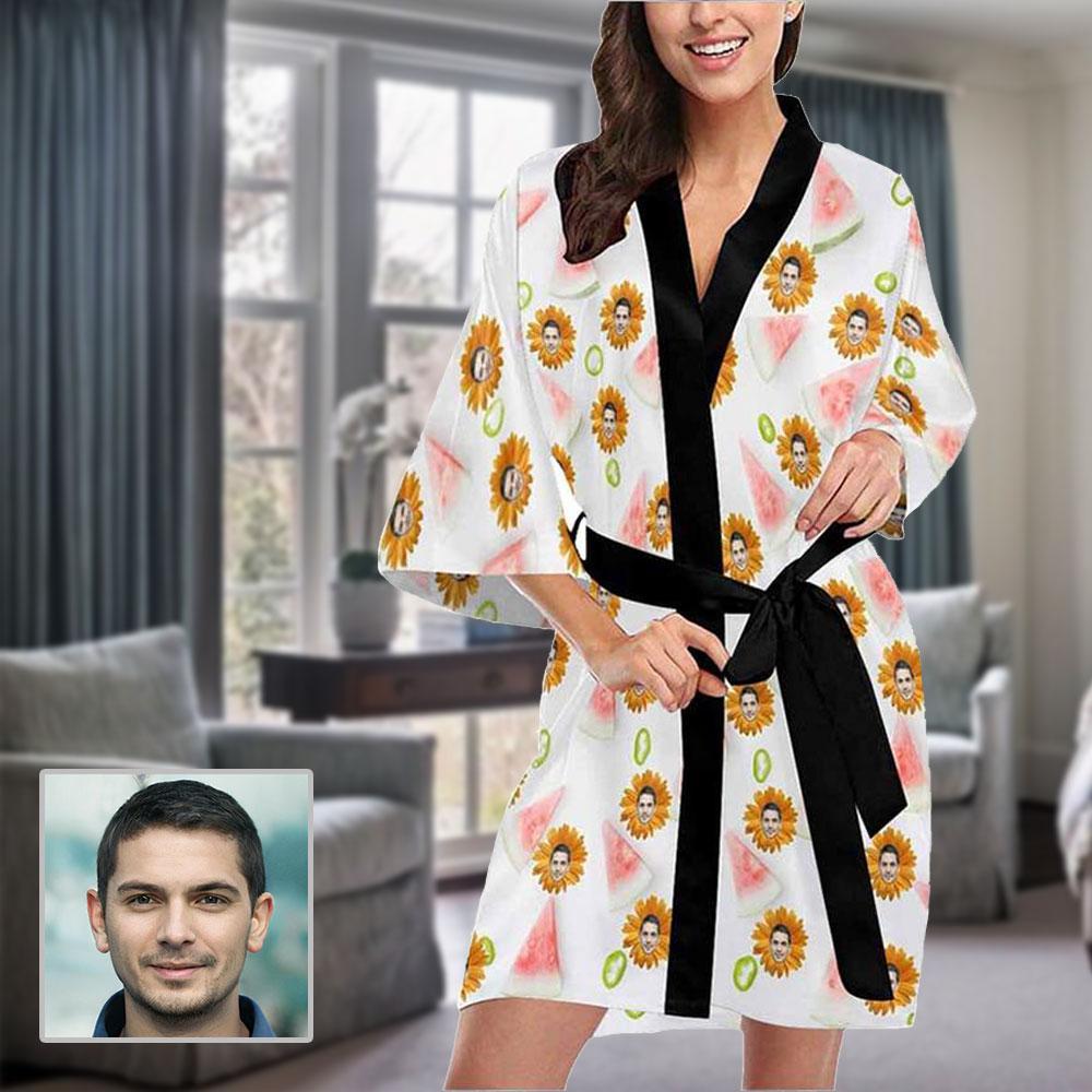 Custom Boyfriend Face Daisy Women's Summer Short Nightwear Personalized Photo Pajamas Kimono Robe - YesCustom