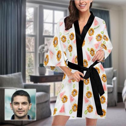 Custom Boyfriend Face Daisy Women's Summer Short Nightwear Personalized Photo Pajamas Kimono Robe - YesCustom