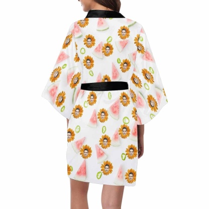 Custom Boyfriend Face Daisy Women's Summer Short Nightwear Personalized Photo Pajamas Kimono Robe - YesCustom