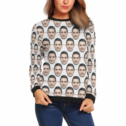 Custom Boyfriend Face Football Women's Casual Crew Neck Sweatshirt Personalized Long Sleeve Loose Sweatshirt, Best Gift For Her - YesCustom