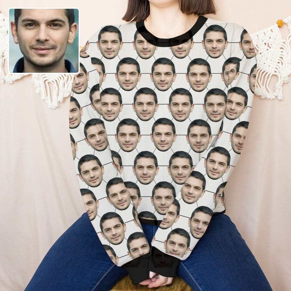 Custom Boyfriend Face Football Women's Casual Crew Neck Sweatshirt Personalized Long Sleeve Loose Sweatshirt, Best Gift For Her - YesCustom