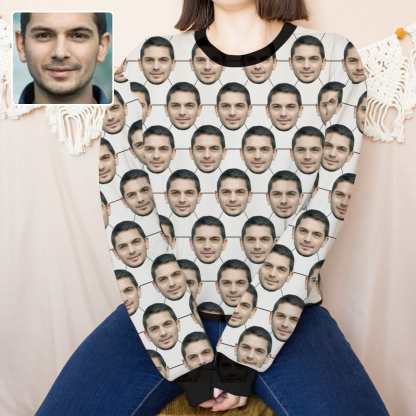 Custom Boyfriend Face Football Women's Casual Crew Neck Sweatshirt Personalized Long Sleeve Loose Sweatshirt, Best Gift For Her - YesCustom