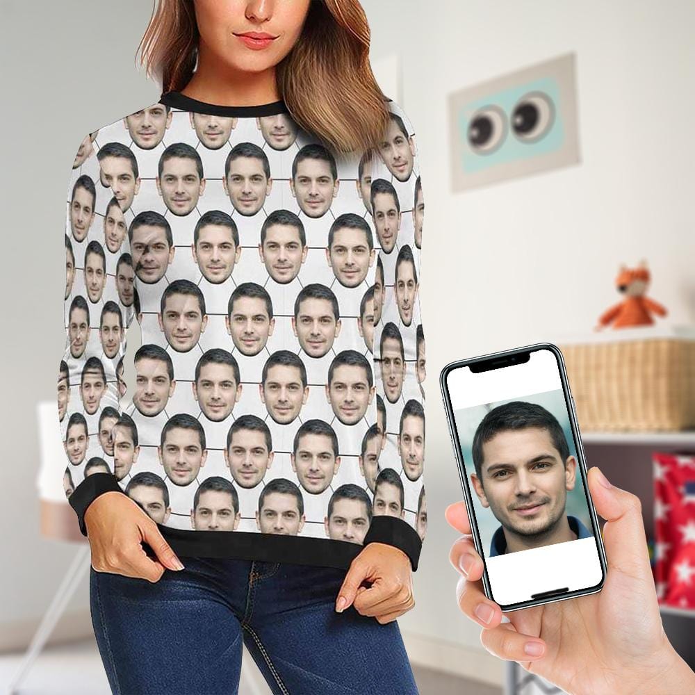 Custom Boyfriend Face Football Women's Casual Crew Neck Sweatshirt Personalized Long Sleeve Loose Sweatshirt, Best Gift For Her - YesCustom
