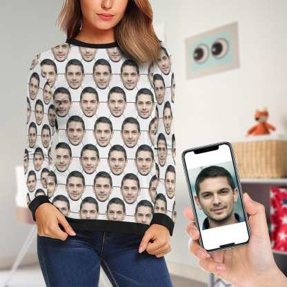 Custom Boyfriend Face Football Women's Casual Crew Neck Sweatshirt Personalized Long Sleeve Loose Sweatshirt, Best Gift For Her - YesCustom