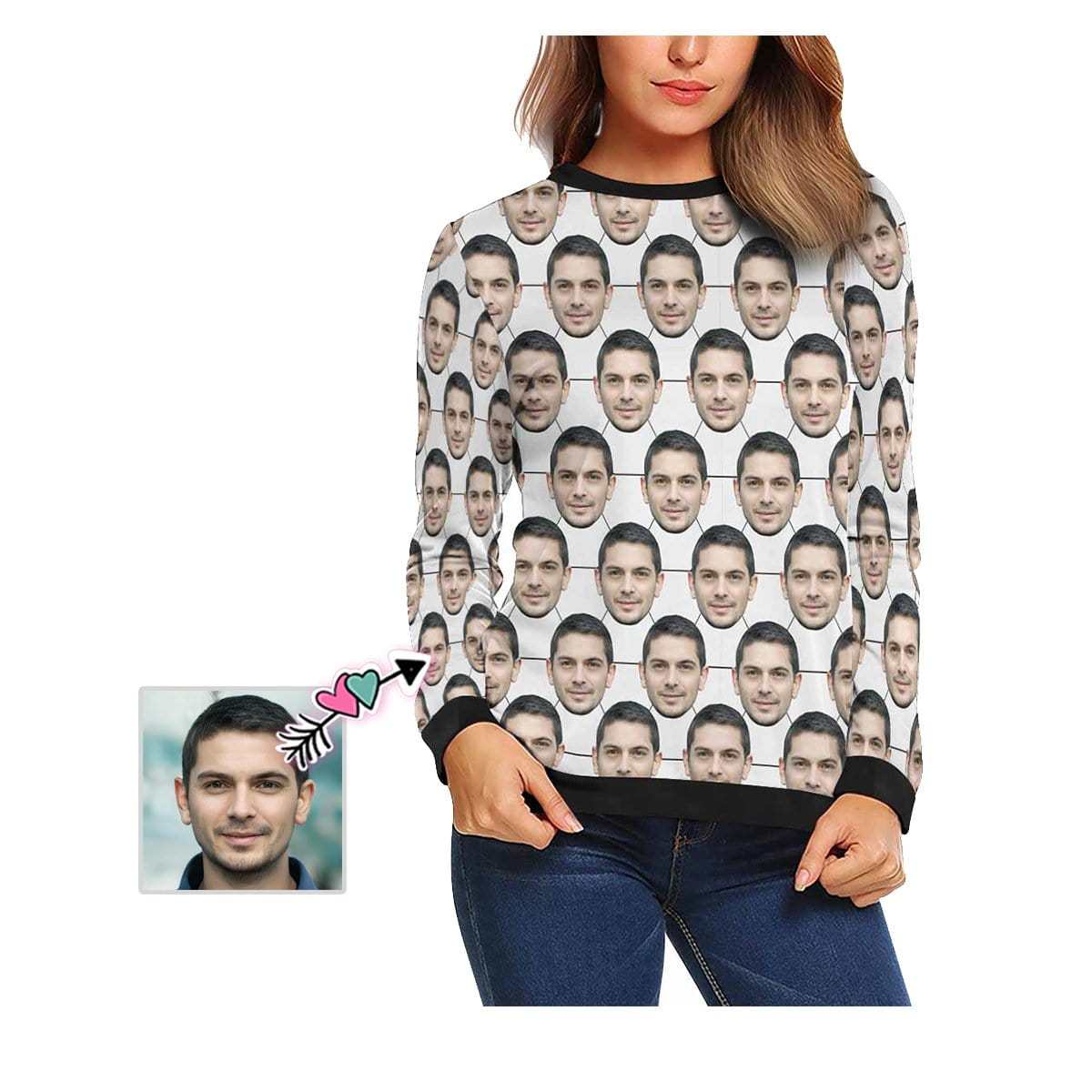 Custom Boyfriend Face Football Women's Casual Crew Neck Sweatshirt Personalized Long Sleeve Loose Sweatshirt, Best Gift For Her - YesCustom
