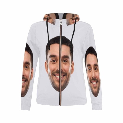 Custom Boyfriend Face Full Zip Hoodie Gray Women's All Over Print Personalized Zipper Hoodie with Husband Face for Him - YesCustom